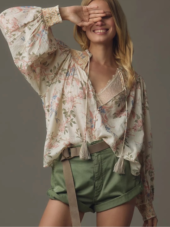 Anthropologie Tops - Anthropologie Viscose Long Sleeve Smocked Lurex Top Floral Print Tassels Size M